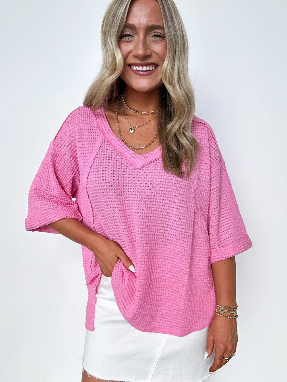 Zenana Pink Oversized Waffle Knit Top